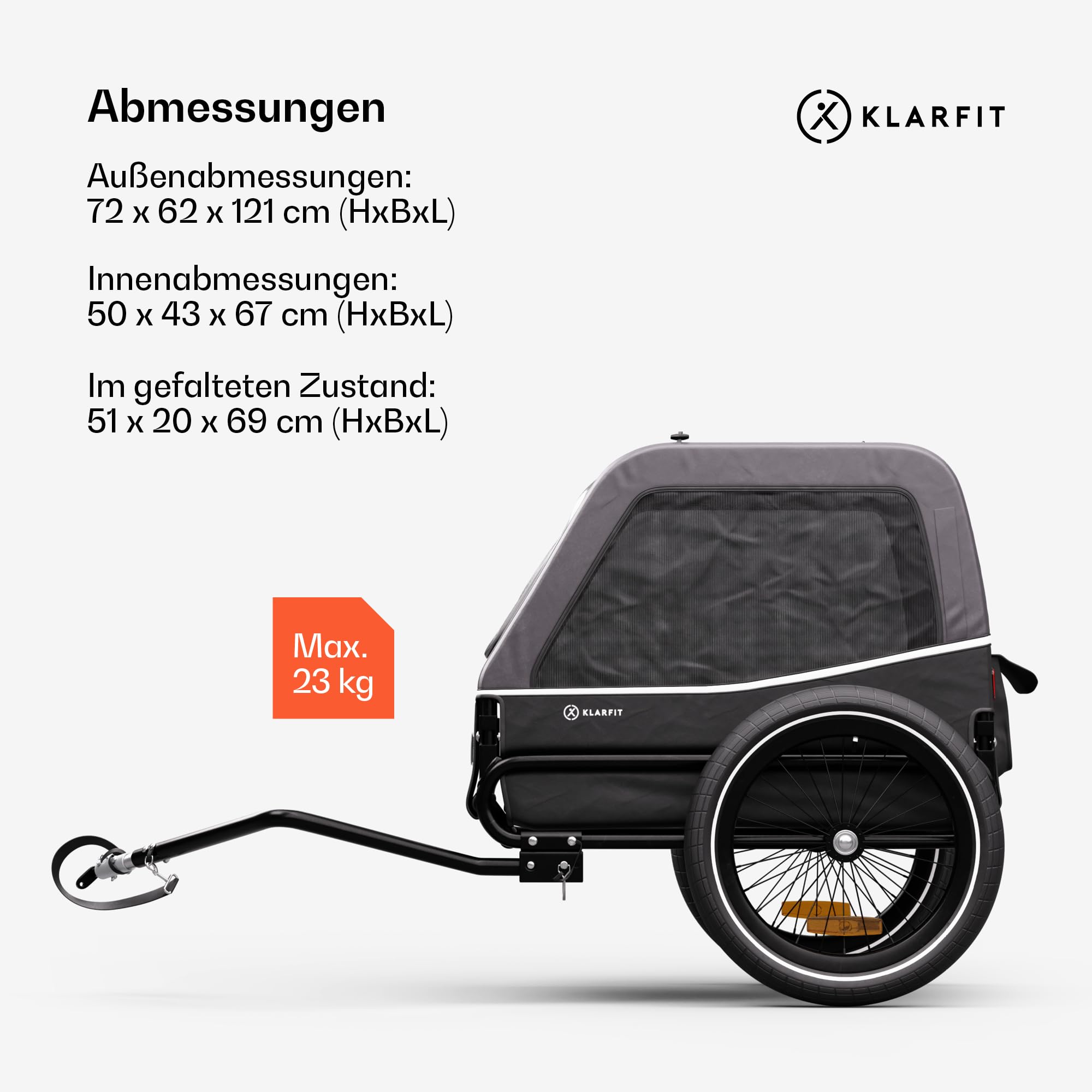Klarfit Goldie S Hundefahrradanhänger, klappbar, mit Leine, wasserabweisend, doppelte Sicherheit, Reflektoren & Regenschutz, max. 28kg, dunkelgrau