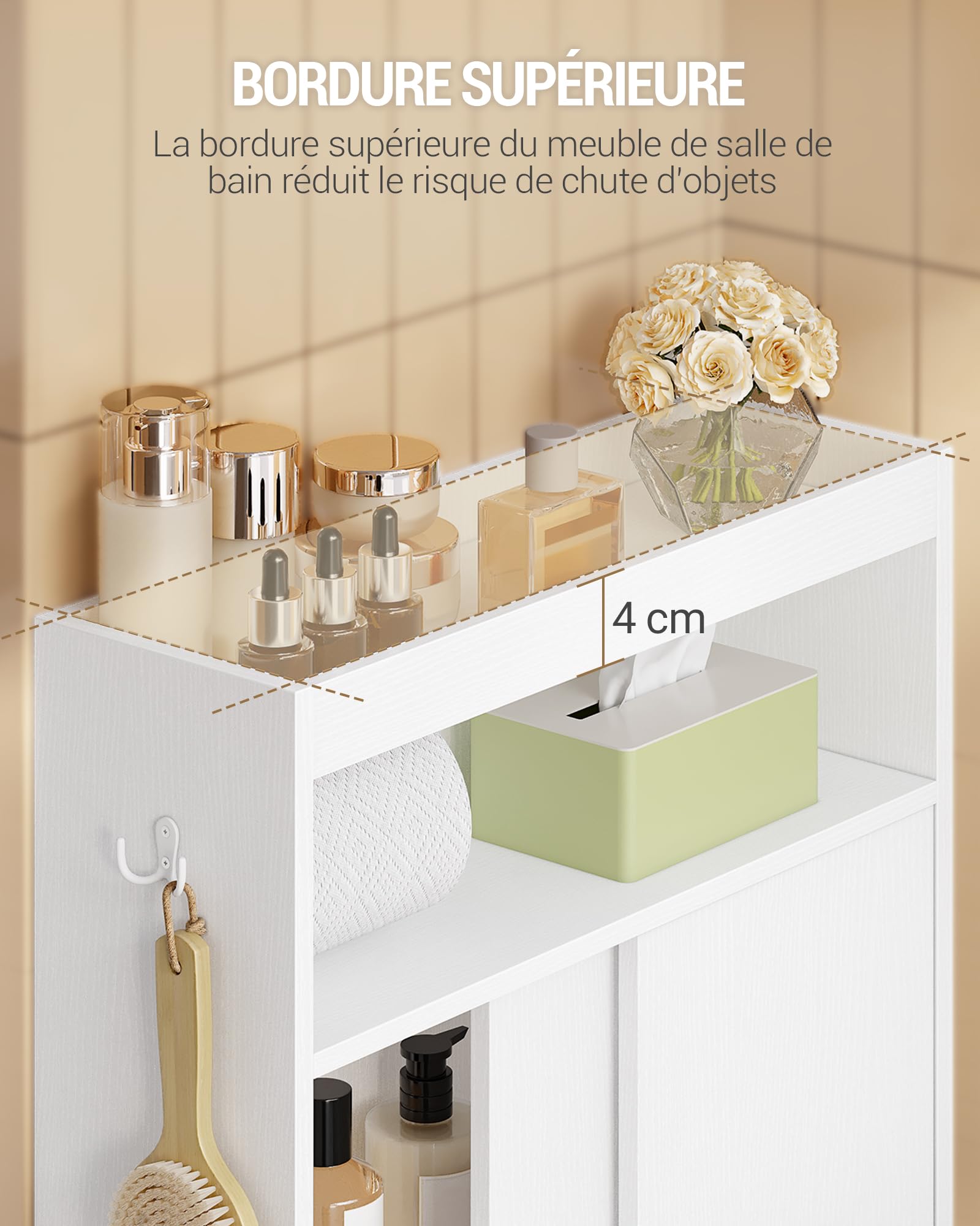 Hzuaneri Meuble de Salle de Bain, Meuble Toilette avec Rangement Papier Toilette et Crochets, Portes Coulissantes, Étagère Réglable, 20 x 60 x 80 cm, Blanc BC62813X