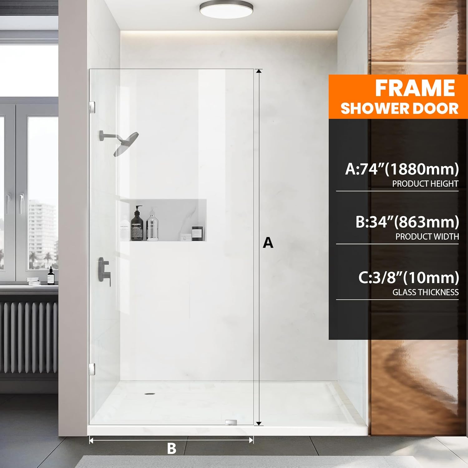 34" W x 74" H Shower Screen, Fixed Frameless Shower Glass Panel with 5/16"(8mm) SGCC Clear Tempered Glass, Single Shower Door for Bathroom (Chrome, 34" W x 74" H)