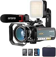 ORDRO Filmadora 4K Ac5 Plus Para Transmissão Ao Vivo, Câmera De Vlog Óptica 12X Youtube, Tela Giratória 3,1'' Com Foco Automático, Wi-Fi E Cartão Sd, Estabilizador, Microfone, Lente Grande Angular,
