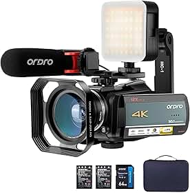 ORDRO Filmadora 4K Ac5 Plus Para Transmissão Ao Vivo, Câmera De Vlog Óptica 12X Youtube, Tela Giratória 3,1'' Com Foco Automático, Wi-Fi E Cartão Sd, Estabilizador, Microfone, Lente Grande Angular,
