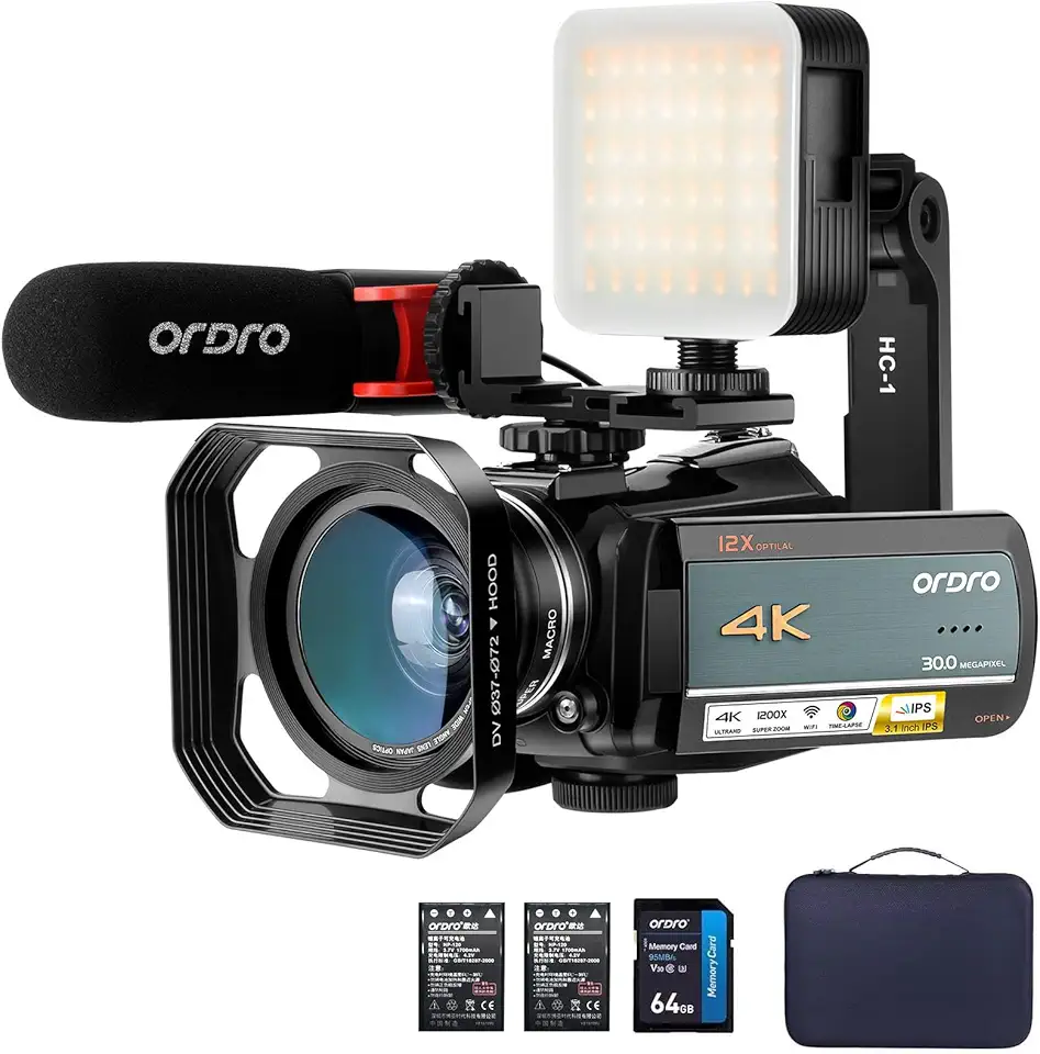 ORDRO Filmadora 4K Ac5 Plus Para Transmissão Ao Vivo, Câmera De Vlog Óptica 12X Youtube, Tela Giratória 3,1'' Com Foco Automático, Wi-Fi E Cartão Sd, Estabilizador, Microfone, Lente Grande Angular,