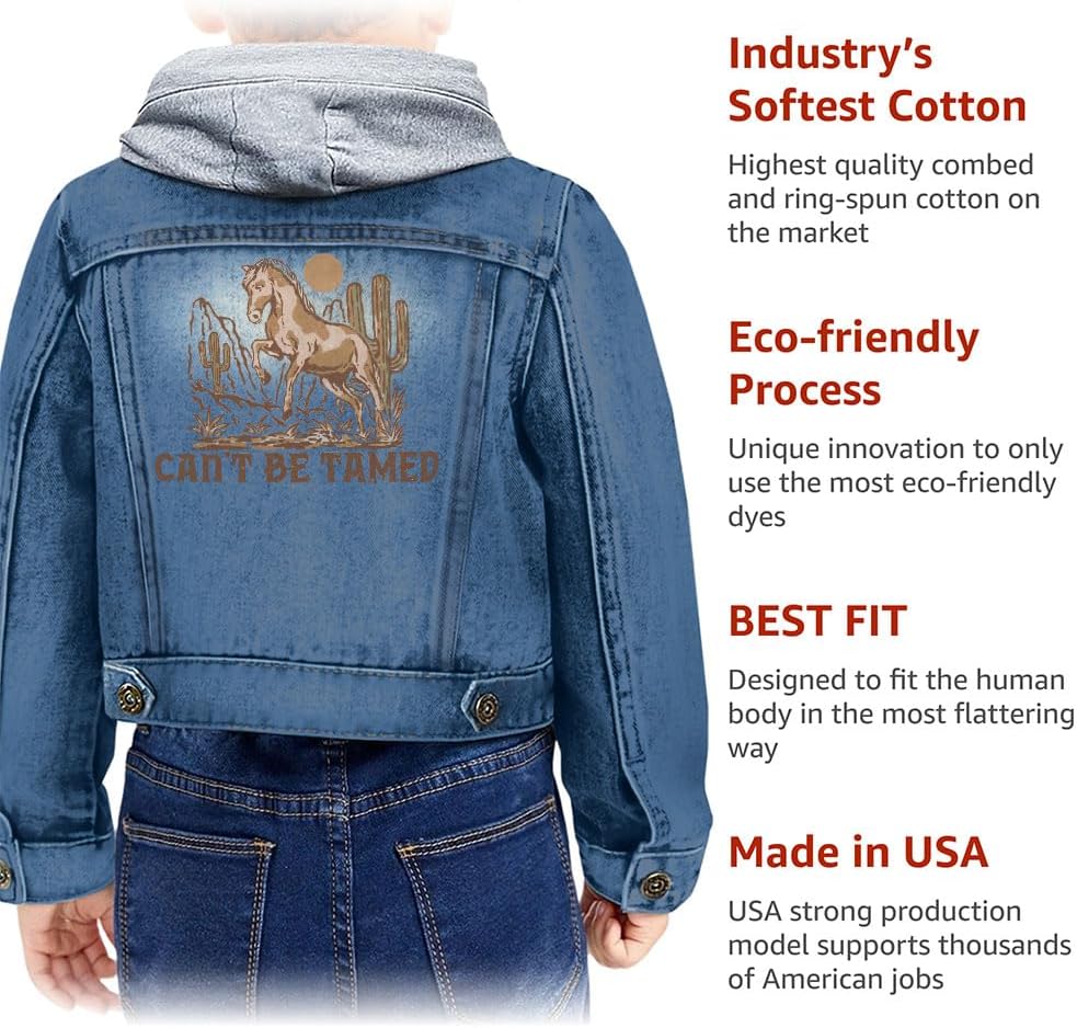 Can't Be Tamed Toddler Hooded Denim Jacket - Cowboy Themed Stuff - Cowboy Boy Stuff - Denim with Black, 18-24 Months