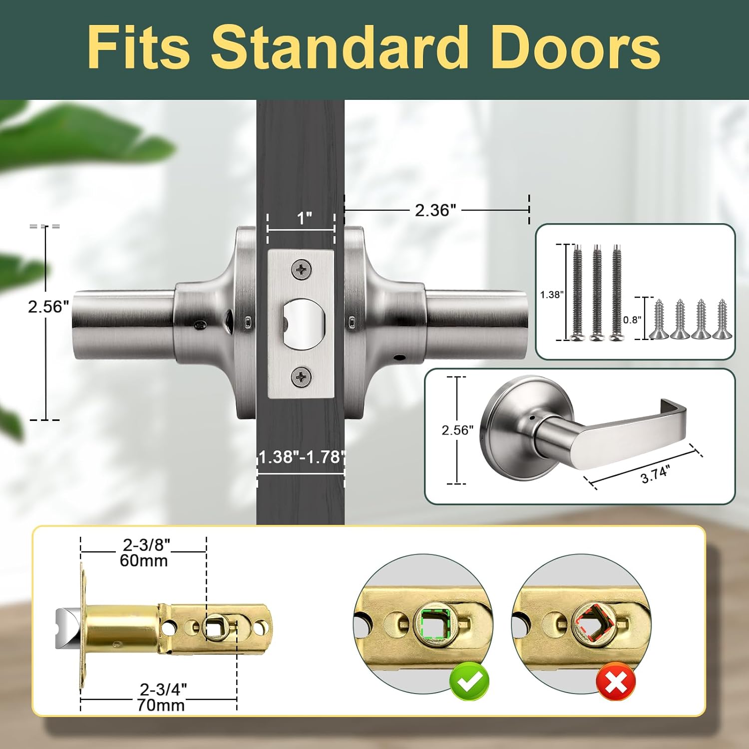 Passage Door Handle, Non-Locking for Hallway Closet, Rectangular Interior Door Lever, Easy Installation, Satin Nickel, 6 Pack