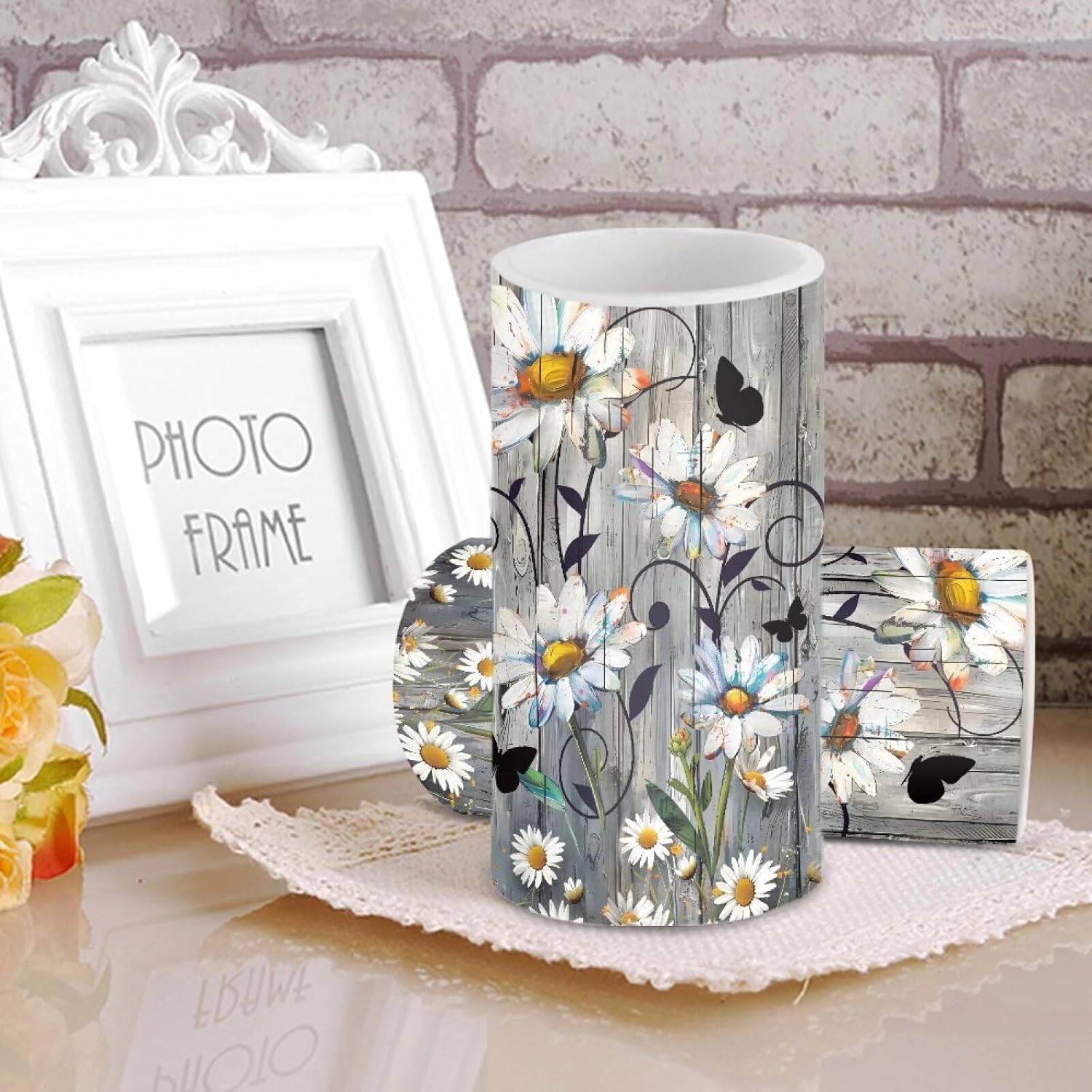 Daisy Wood Flameless Candles 2 Pack 6 x 3 inch Battery Operated Candles with Multicolor Timer Remote Control LED Fake Candles for Warm Light Dinner Table Home Decor