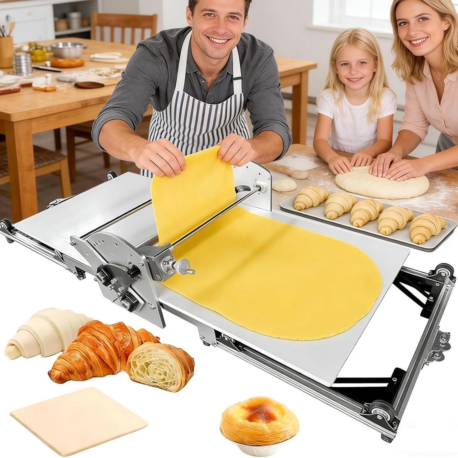 Faltbarer Teigausrollapparat, Elektrische Teigwalzenmaschine aus Edelstahl, Teigmaschine, Dicke Einstellbar 2-30 mm, Vorwärts- und Rückwärtswalzen