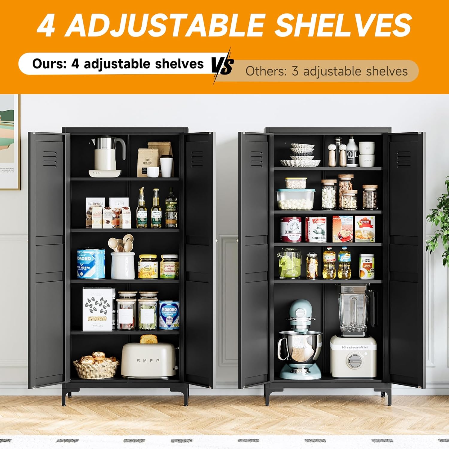 STANI 61" Tall Kitchen Pantry Storage Cabinets Metal Storage Despensa Food Pantry Cabinet with Doors Adjustable Shelves Freestanding Tall Cupboard for Kitchen Laundry Living Room