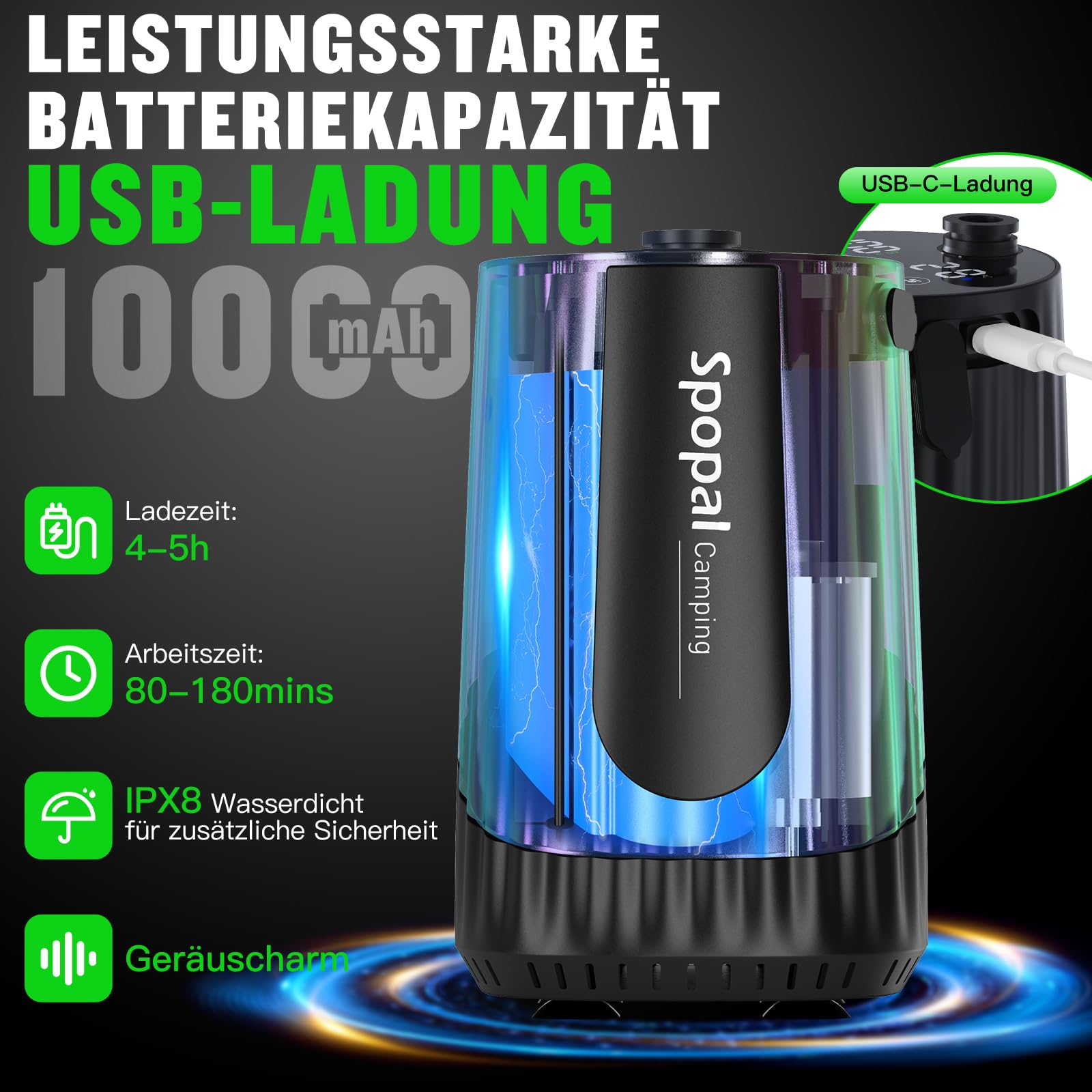 Spopal Camping Dusche, [10000mAh] Campingdusche Tragbare mit 20L Klappbarer Eimer, Camping Dusche Akku, Camping Dusche Outdoor Set mit Duschkopf und 2m Schlauch für Garten, Strand, Autowaschen, Hausti