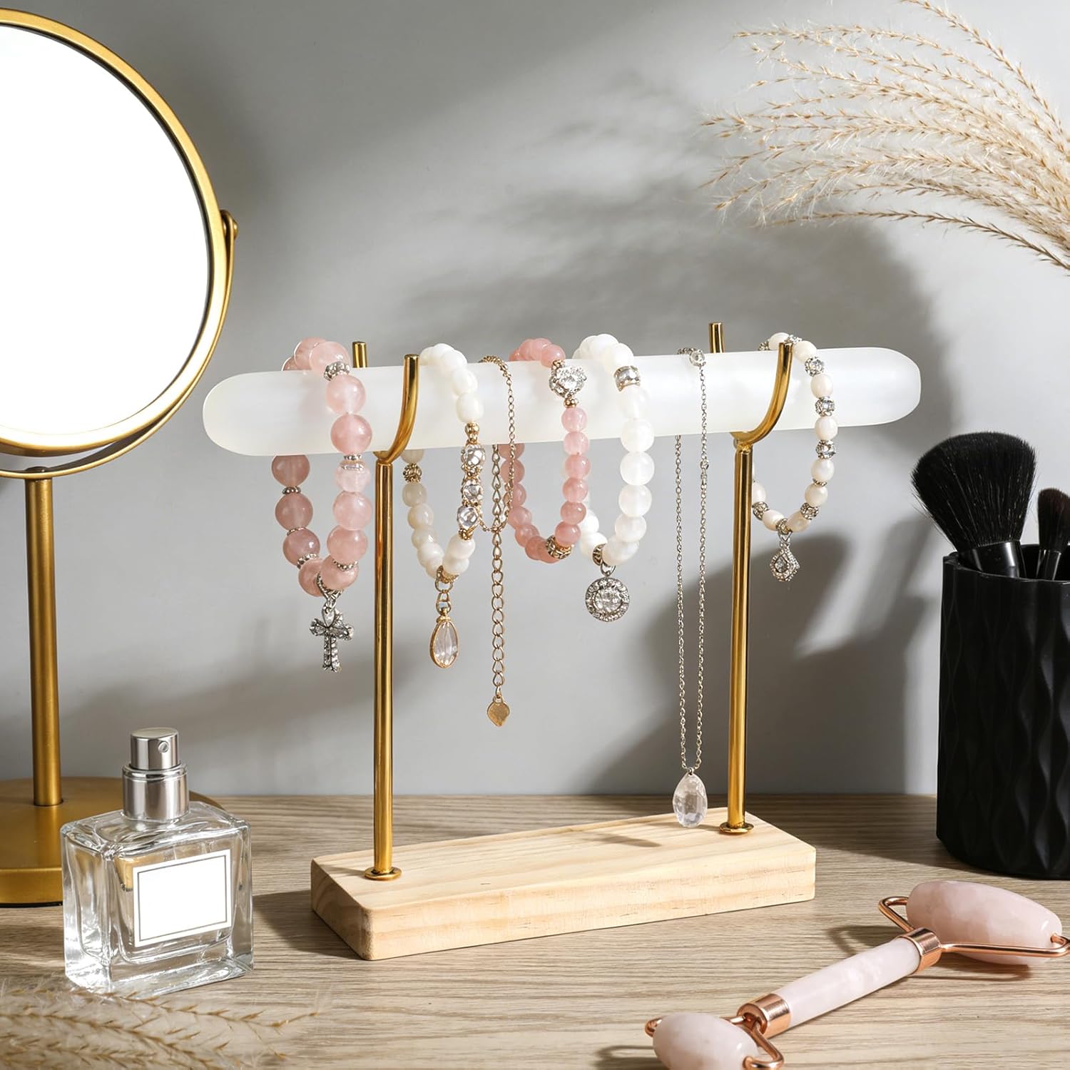 Selenite Bracelet Holder Display Stand, Detachable Crystal Jewelry Wrap Organizer with Wooden Base for Bracelets, Watches, and Bangles, Supporting Charging and Cleansing