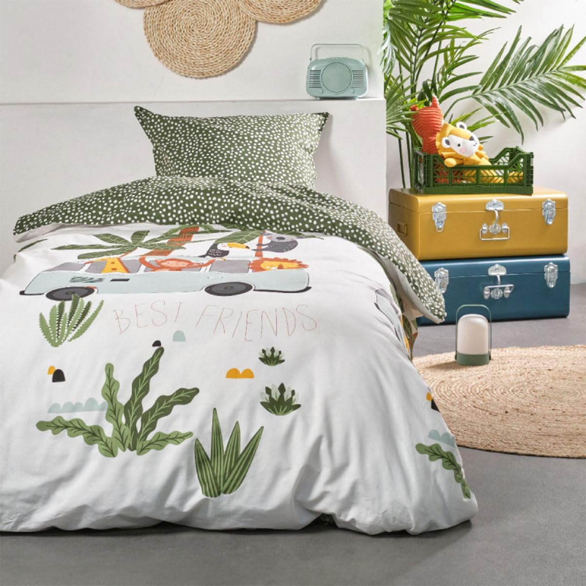 Parure de lit simple TODAY 140x200 cm blanche et verte housse de couette 1 place