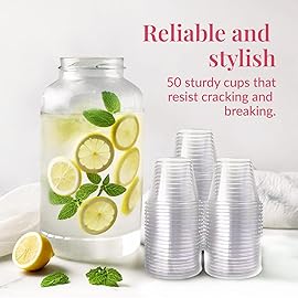 Prestee 50 Pack Plastic Cups - 9 oz Clear Disposable Cups for Cold Beverages, Cocktails, and Desserts - Durable Little Small Cup for Wine, Smoothies, Parties, Events, Catering, and Everyday Gatherings