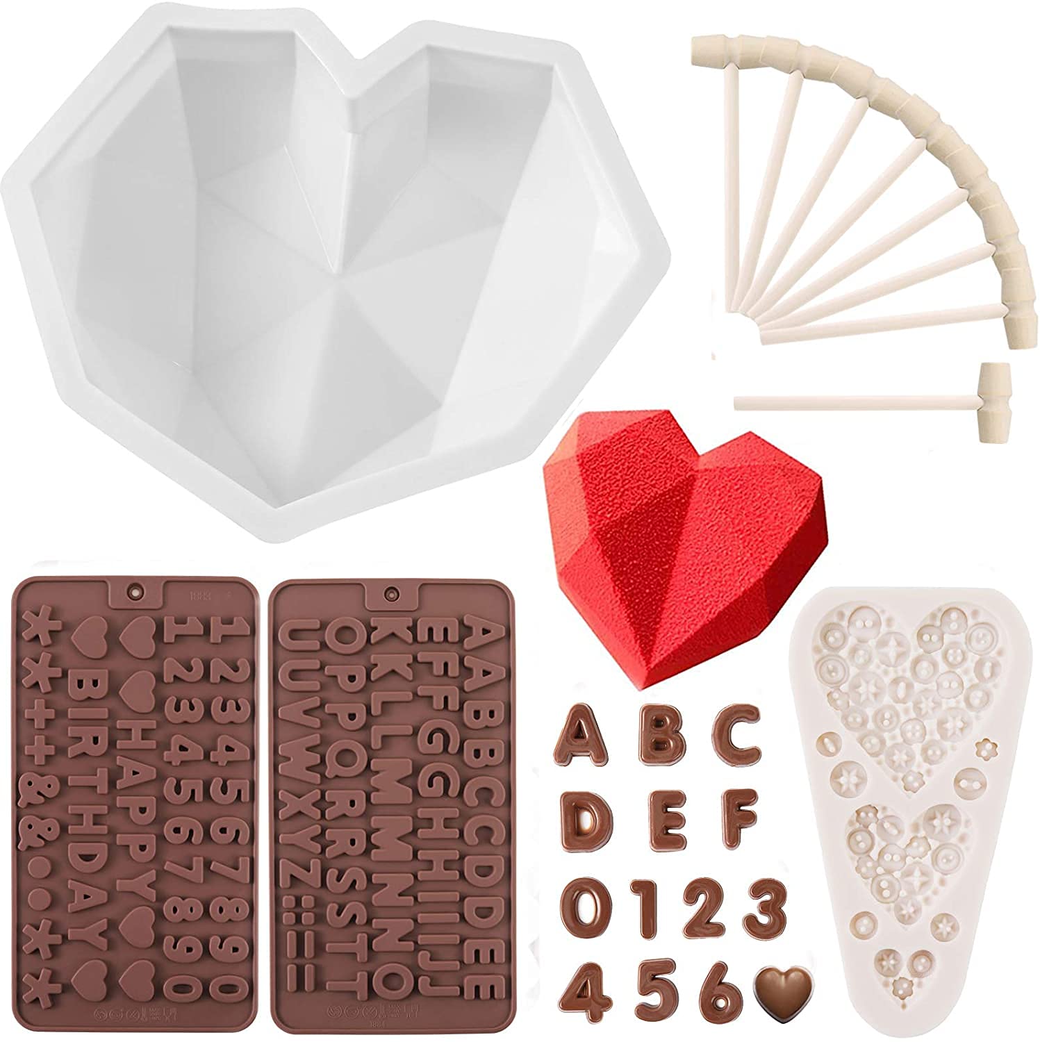 DELFINO Heart Shaped Mold for Chocolate Set - Breakable Heart Mold with 8Pcs Wooden Hammers, Number and Letter Mold, Heart Button Fondant Mold, Perfect for Birthday, Valentine Candy, Chocolate Making