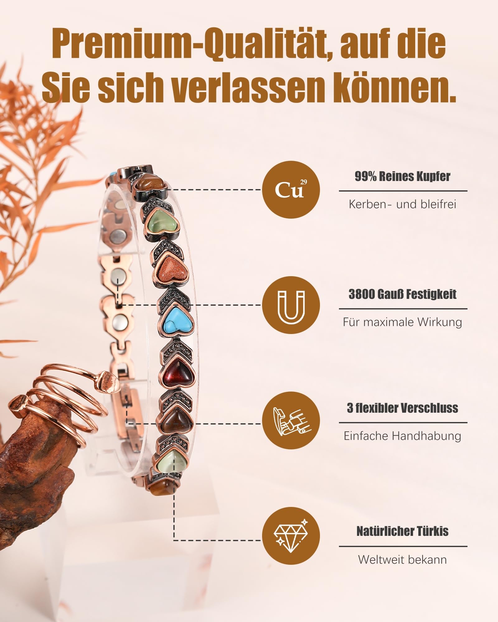 Jeracol Kupferarmband Damen mit Magneten – Verstellbares Magnetarmband Damen aus 99,9 % reinem Kupfer, Geschenkbox