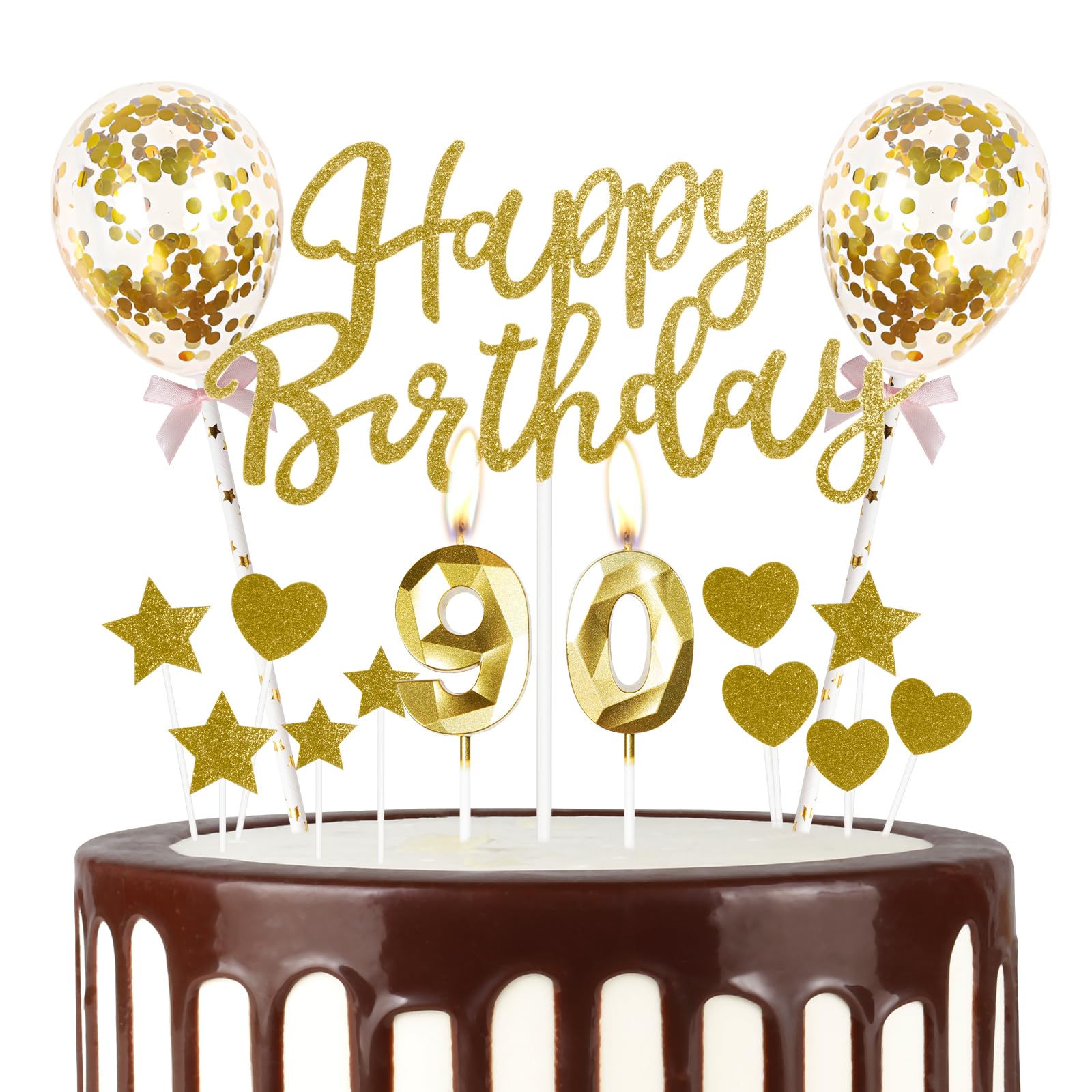 Gold 90th Birthday Decorations for Women Men,3D Number 90 Candle for Cake,Gold Cake Toppers for Women Men,Glitter Happy 90th Birthday Cake Toppers for Party Decorations Supplies
