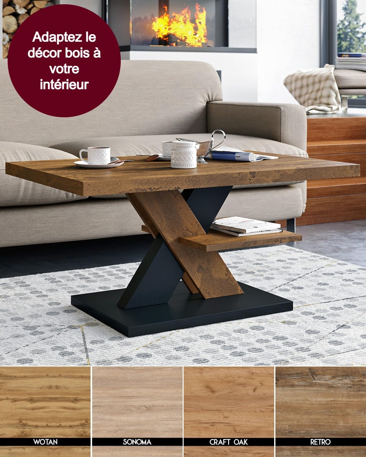 Viosimc Table Basse de Salon Rouille et Noir avec Étagère – Table Centrale Moderne et Élégante pour Le Thé ou Le Café, Design Épuré – Un Choix Parfait pour Votre Salon | Coffee Table for Living Room