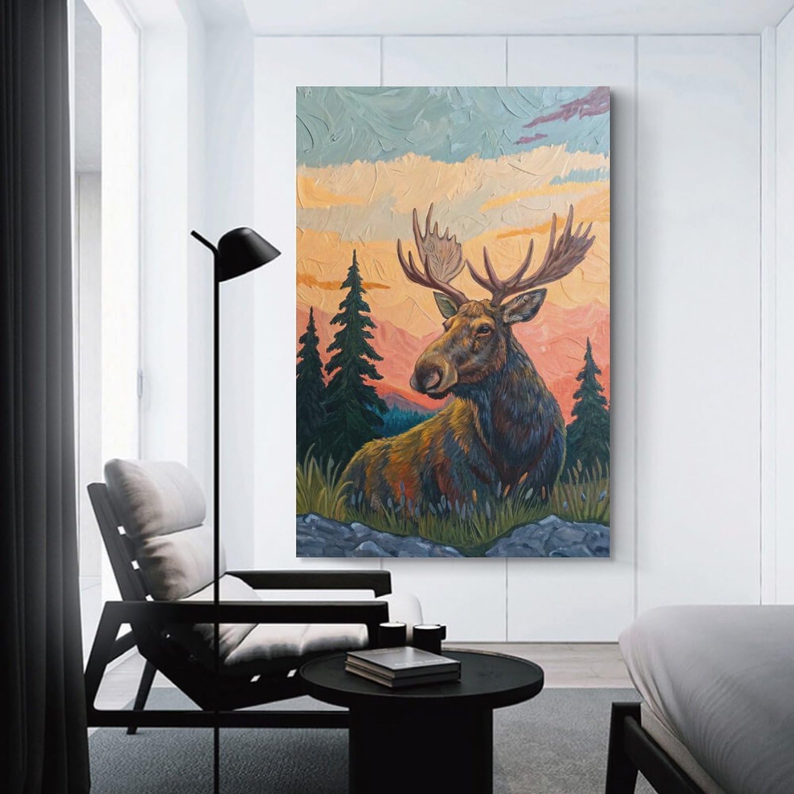Junmoney Canvas Wall Art Moose in A Mountain Landscape Painting, 20x30inch(50x75cm), for Bedroom, Guest Room Or Reading Nook, Canvas Wall Decor for Personal Spaces