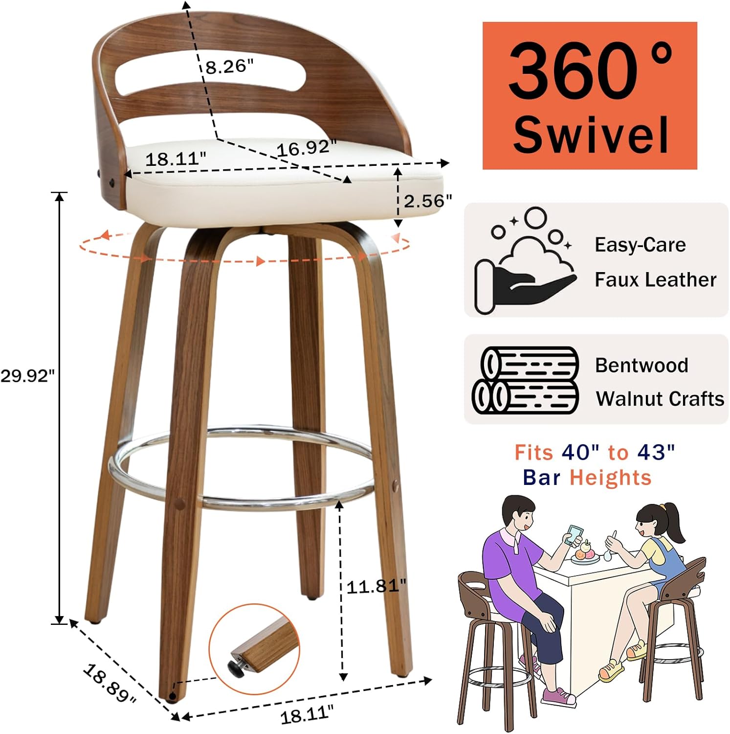 Diagram showing the dimensions of the bar stool, including seat height, width, and overall height.