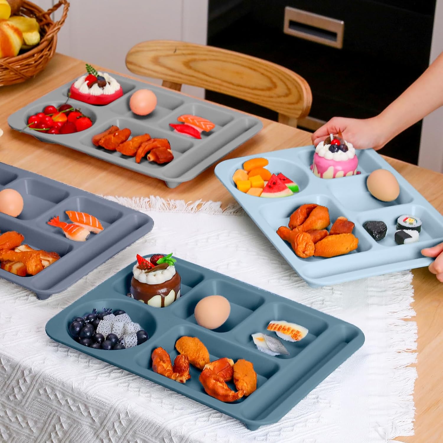 Uiifan 16 Pcs Large 14.2'' Wheat Divided Plates for Adults Unbreakable Lunch Trays with Compartments Plates Cafeteria Trays Microwave Dishwasher Safe(Morandi Color)