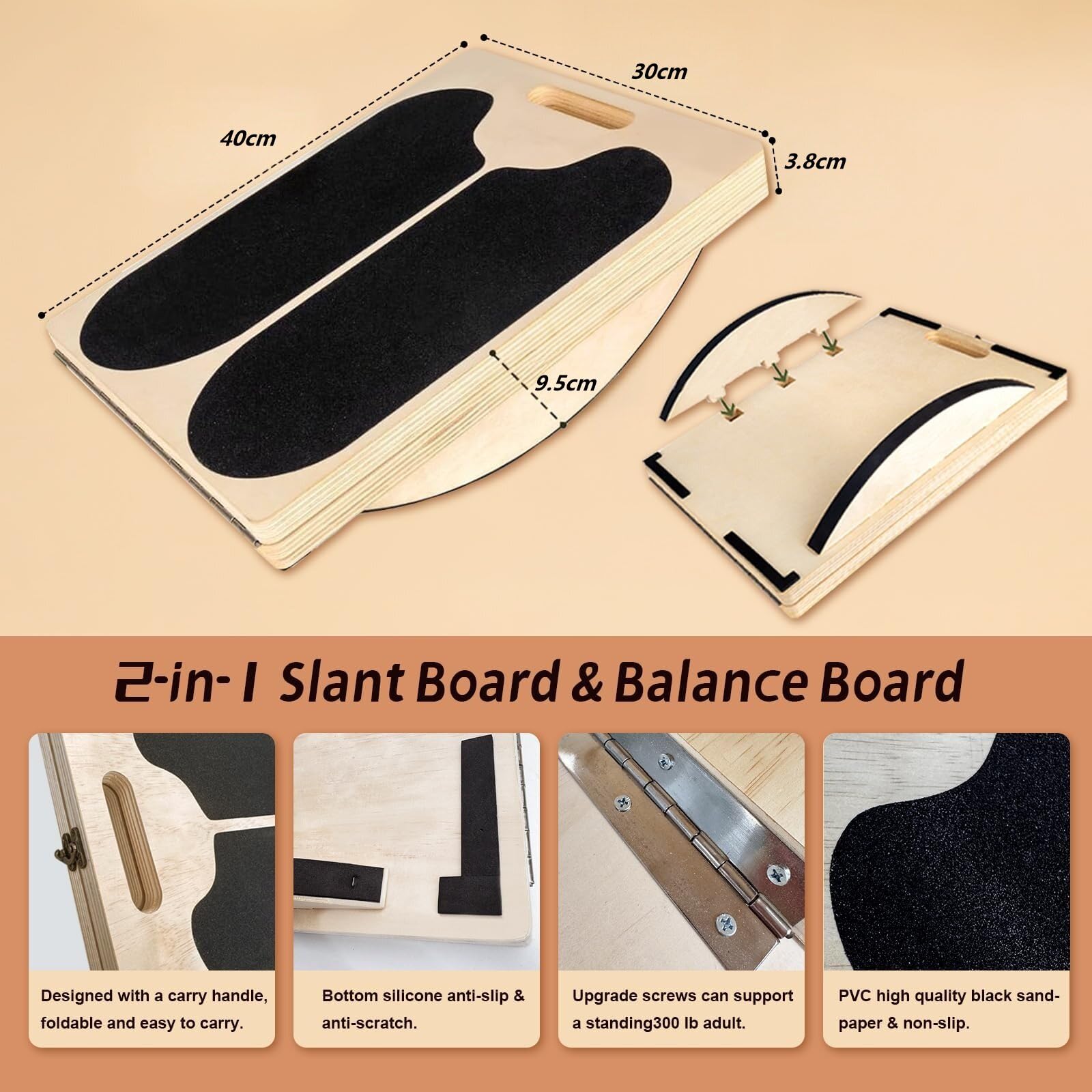 Planche d'équilibre en bois - Étirement du mollet réglable - Planche d'équilibre pour la physiothérapie, les squats, l'étirement musculaire, le yoga, l'entraînement, l'entraînement à la maison