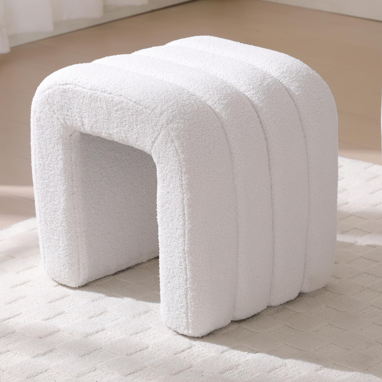 ONEVOG White Pouf Ottoman, 18 inch Cute Vanity Chair Couch Footrest with Soft Boucle Fabric and Sturdy Frame, Upholstered Footstool for Living Room,