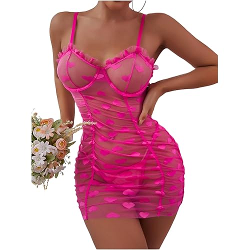 SOLY HUX Women's Sexy Heart Mesh See Through Lingerie Babydoll Sleepwear Sleeveless Ruffle Chemise Nightgown with Thong