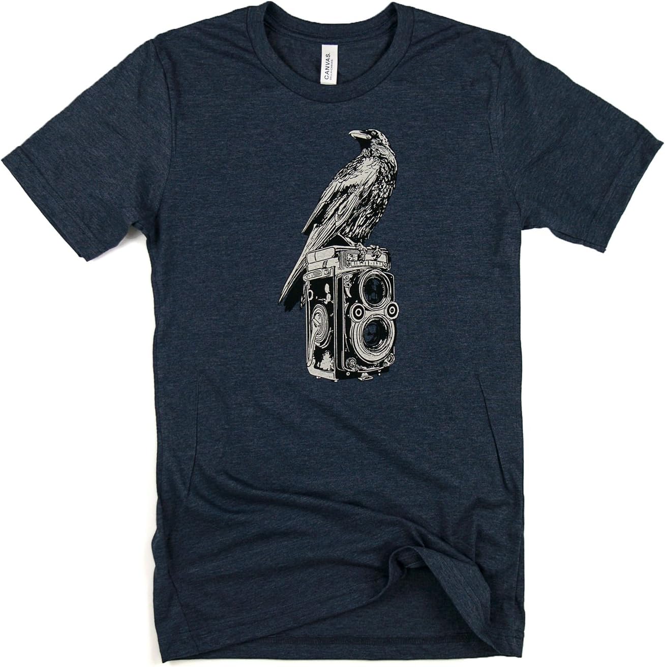 Wandering Ink Men's Crow and Rolleiflex Art Super Soft Hand Printed Tee Shirt (Medium, Heather Navy)