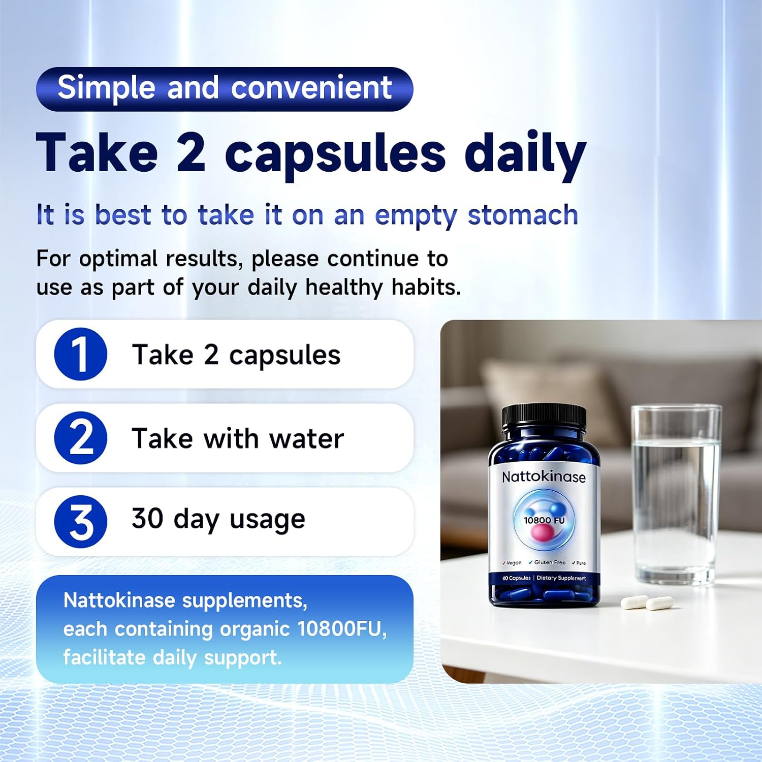 Ultimate Nattokinase Capsules, Nattokinase Supplement 10800 FU Per Serving, Serving for Body Health, and Daily Wellness Support, Vegan, Gluten Free, 60 Capsules
