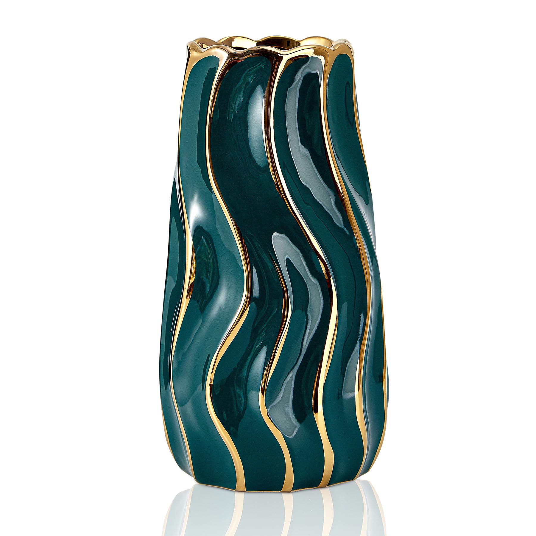 OTARTU, Jarrón de cerámica para decoración del hogar, florero con Rayas Verticales para Dormitorio, Oficina, Sala de Estar, baño, decoración de Mesa, Centro de Mesa, Verde