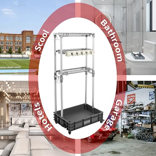 Miniatura 7 de Estante de almacenamiento Soporte para fregona escoba Sostenga sus suministros de limpieza Carrito de limpieza Organizador de acero Estante de