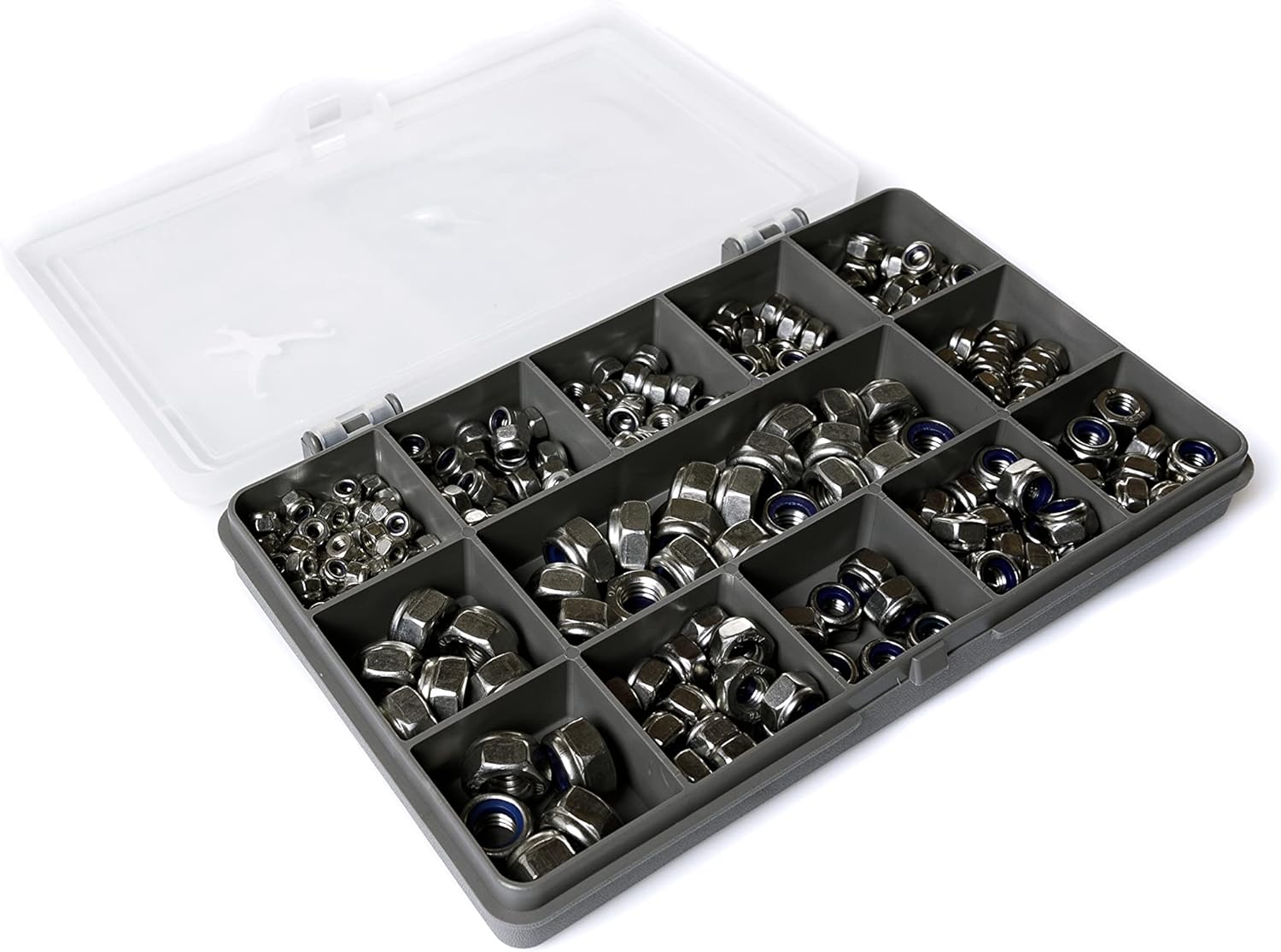 230 Assorted Nyloc Nuts, A2-70 Stainless Steel, M3, M4, M5, M6 & M8 in a Durable Compartment Box