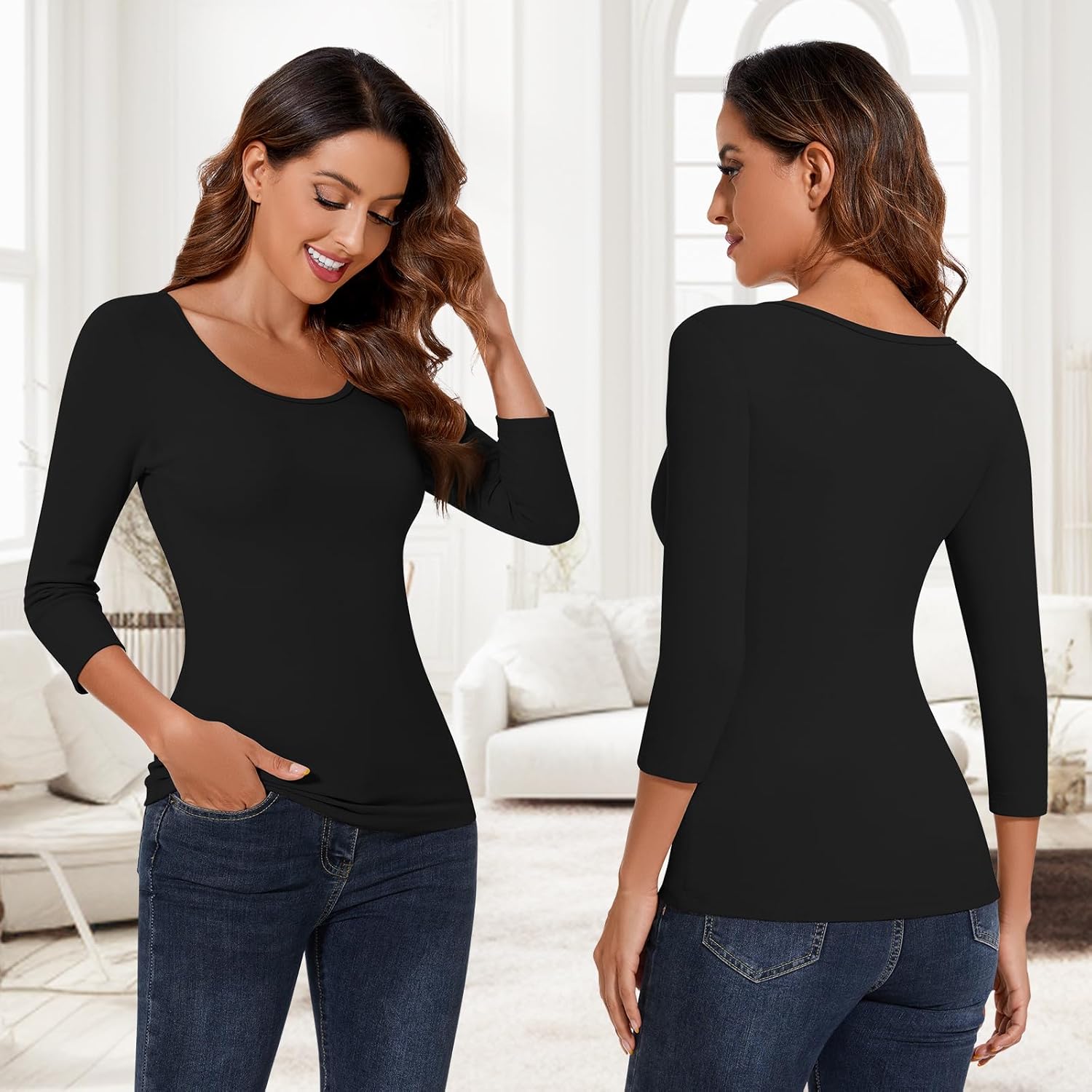 WOWENY Women's 3/4 Sleeve Thermal Shirts Fleece Lined Tops Winter Warm Base Layer Cold Weather Underwear - Image 6