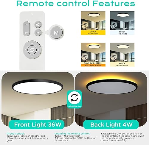 Miniatura 9 de Paquete de 2 lámparas de techo negras con control remoto, con luz nocturna cálida de 3000 K, luz de techo de montaje empotrado de 12 pulgadas y 24