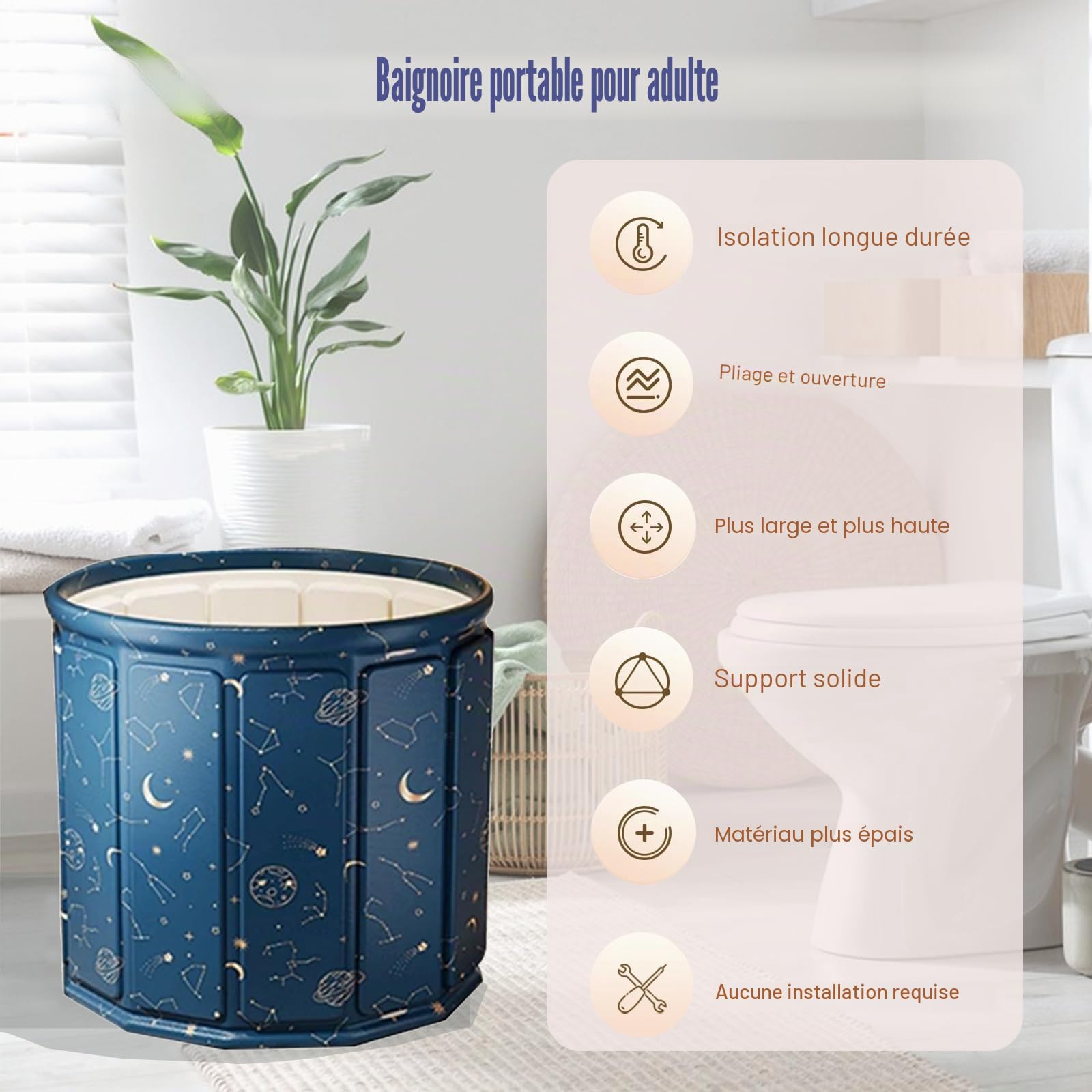 Baignoire de trempage pliable 80 x 65 cm pour adultes, avec coussin d'assise, tuyau d'évacuation et sac de rangement, parois isolées pour la conservation de la chaleur, double trous de drainage, peu