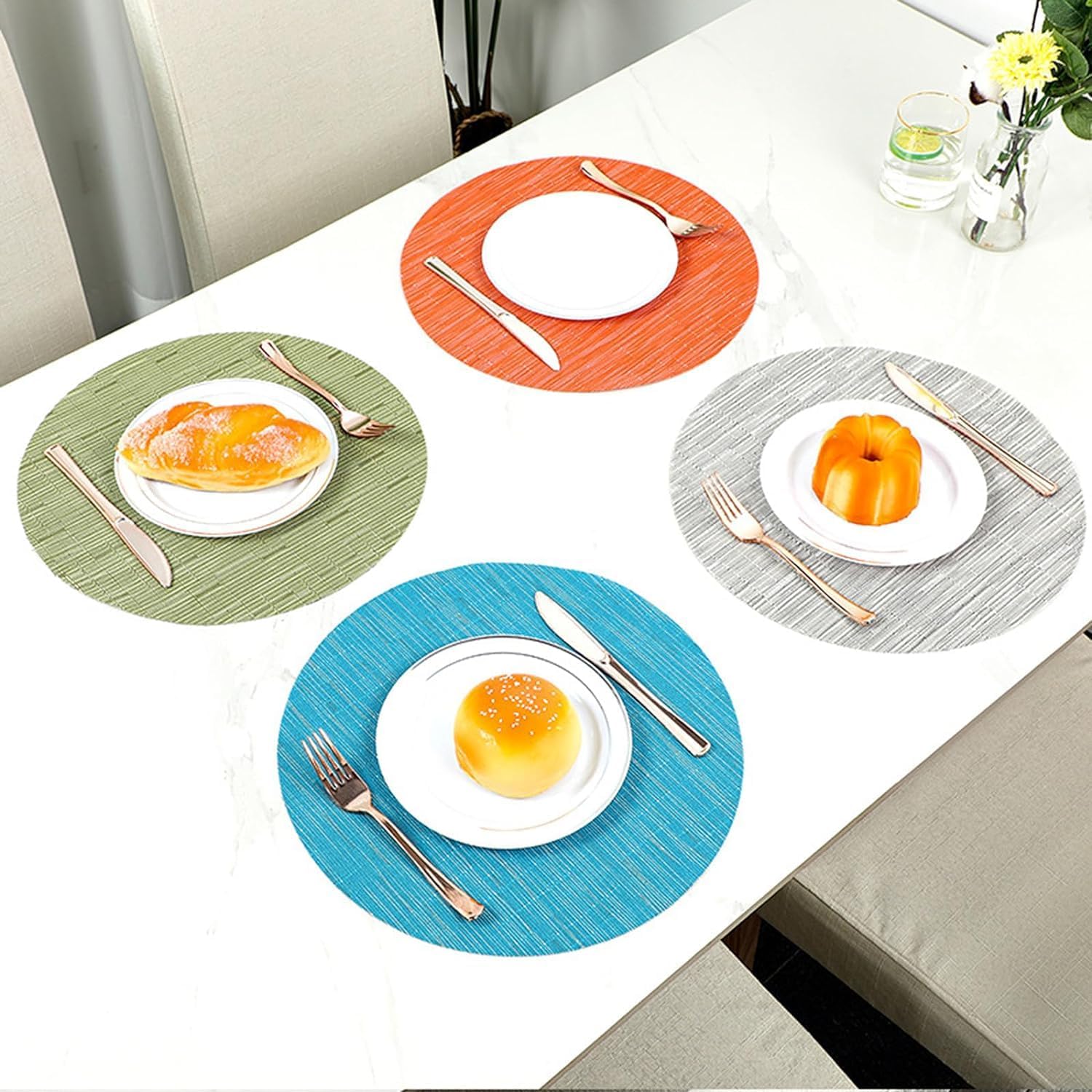 Round Placemats Set of 6 Woven Table Mats Washable Non-Slip Place Mats 13.8 Inch for Christmas Decoration Home Wedding Party,Brown