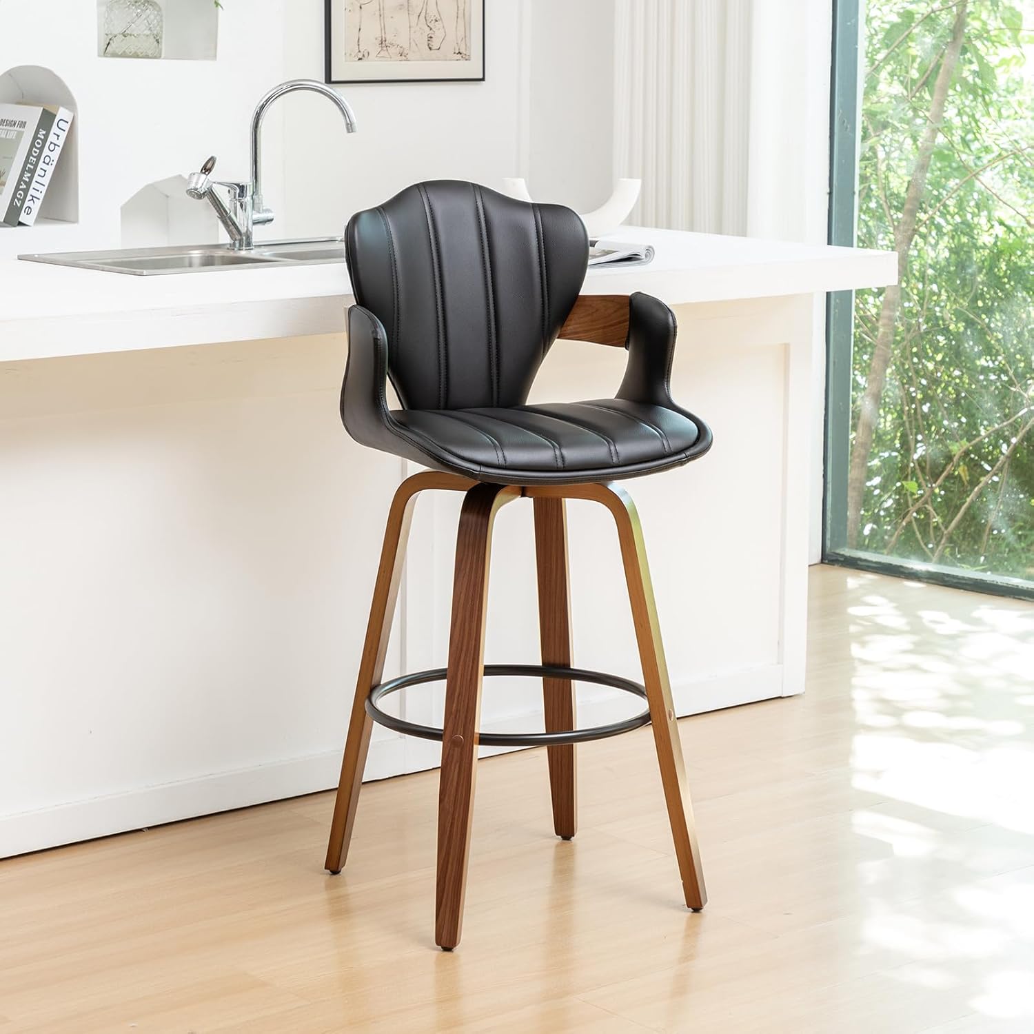 26" Swivel Bar Stools,Mid Century Modern Counter Height Bar Stools,Black Upholstered Faux Leather Counter Stools with Arms and Fishtail-Shaped Back,Walnut Wood Frame Home Bar Chairs,1PCS