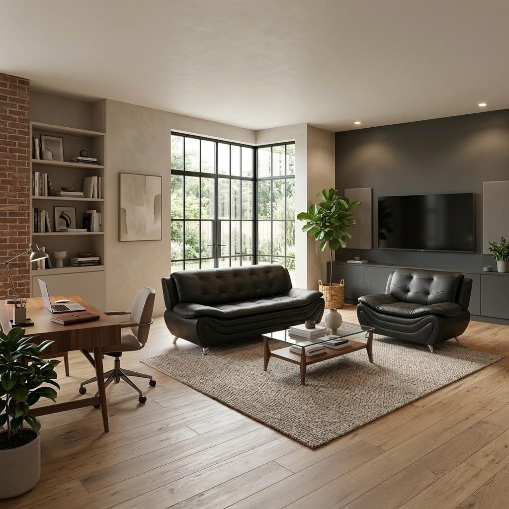 Leather Sofa Set Living Room Furniture Set 3 Piece Sofa Set - Modern Faux Leather Couch Set with Solid Wood Frame, Metal Legs, Thick Cushion Seating for Living Room Apartment Office, Black