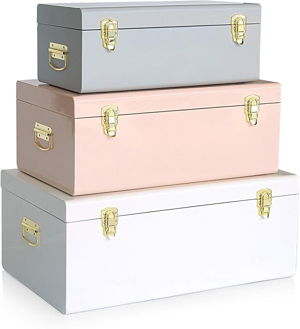 Beautify Storage Trunks, Set of 3 Pastel Stainless Steel Storage Chests w/Gold Detailing, Stackable Bedroom Storage Organiser w/Lockable Lids, Sturdy Multi-Purpose Bedding, Blanket & Toy Box