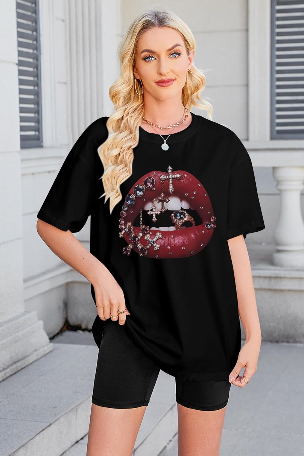Lip Print Shirts for Women Lip Graphic Oversized Tee Summer Crew Neck Vintage Going Out Tops Y2k Graphic Tees - Image 3