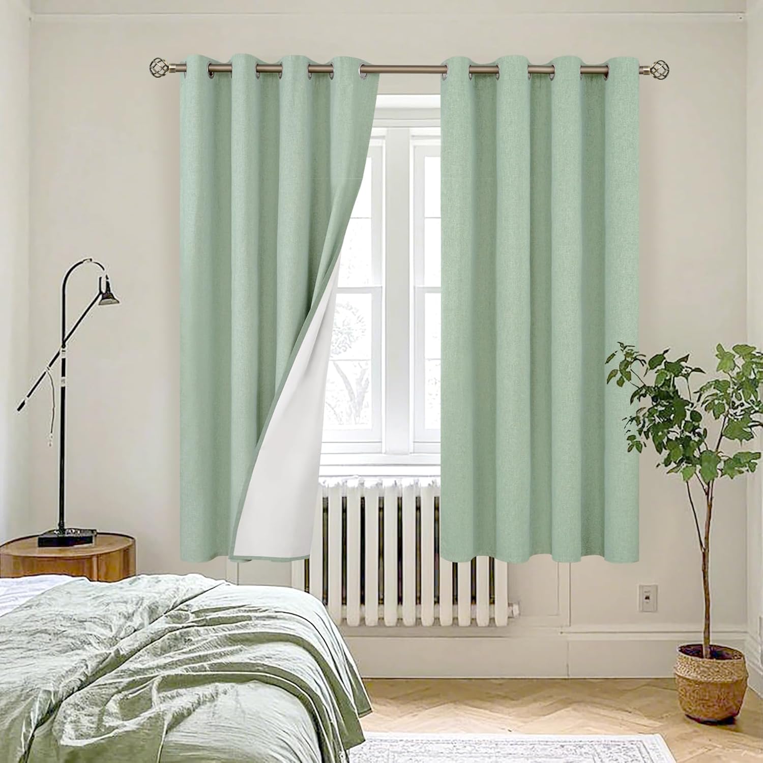YoungsTex Light Green Linen Blackout Curtains for Bedroom 63 Inches Long - Thermal Insulated Drapes with Grommet Room Darkening Boho Spring Decor for Living Room Window, 2 Panels, 52 X 63 Inch
