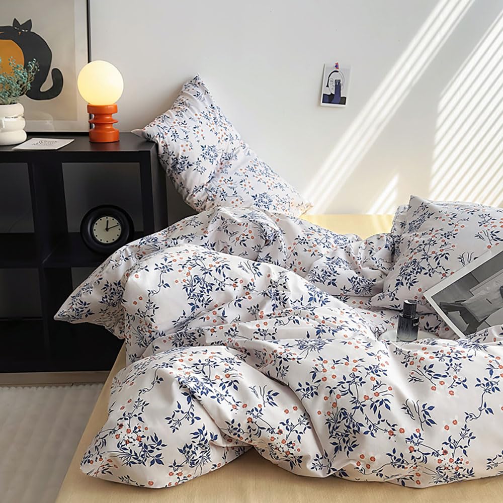 Covebett Blue Floral Duvet Cover Set Single Size Cotton Blue and White Flowers Leaves Breathable Bedding Set 2pcs Botanical Aesthetic Quilt Cover 135x200cm with Zipper Closure and 1 Pillowcase 50x75cm