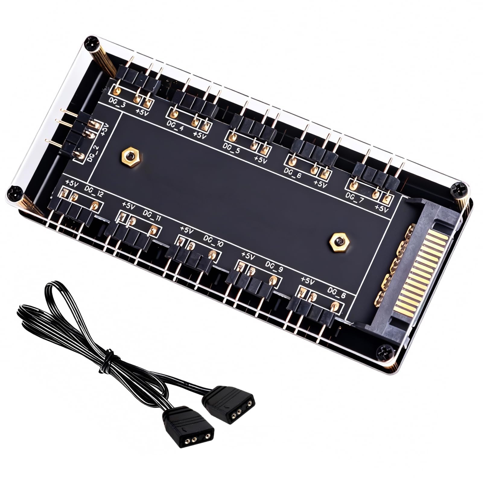 Controlador ARGB Hub de 10 Puertos Hub Ventiladores PC con Alimentación SATA, Splitter ARGB 5V 3 Pines para Ampliar Interfaz de Placa Base Fan Hubs con Adhesivo 3M para PC Gaming y Modding