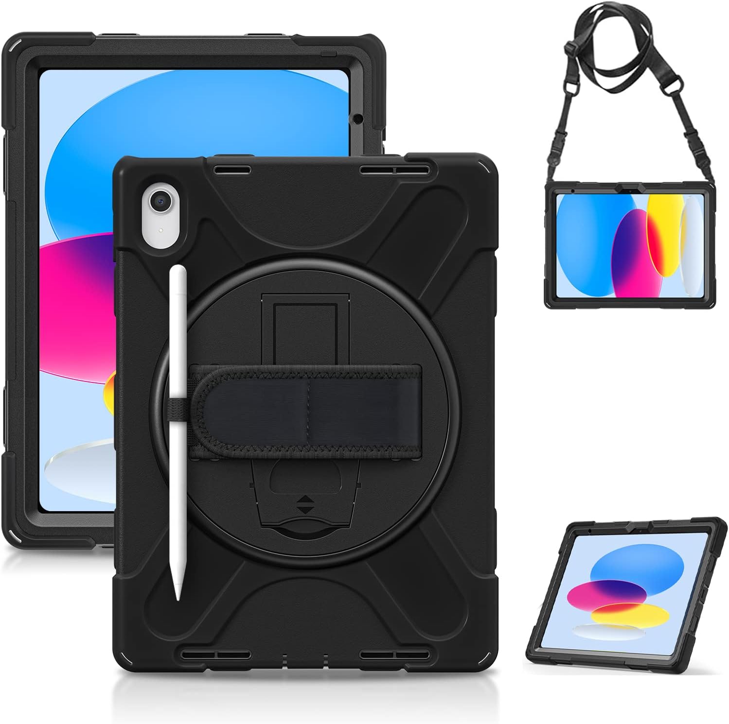Gerutek Funda Anticaída para iPad 10ª Generación 2022, 10,9 Pulgadas, Carcasa Rugosa con Soporte 360° Giratorio, Correa de Mano / Hombro, Portalápices, Funda Antichoque para iPad 10 2022 10.9