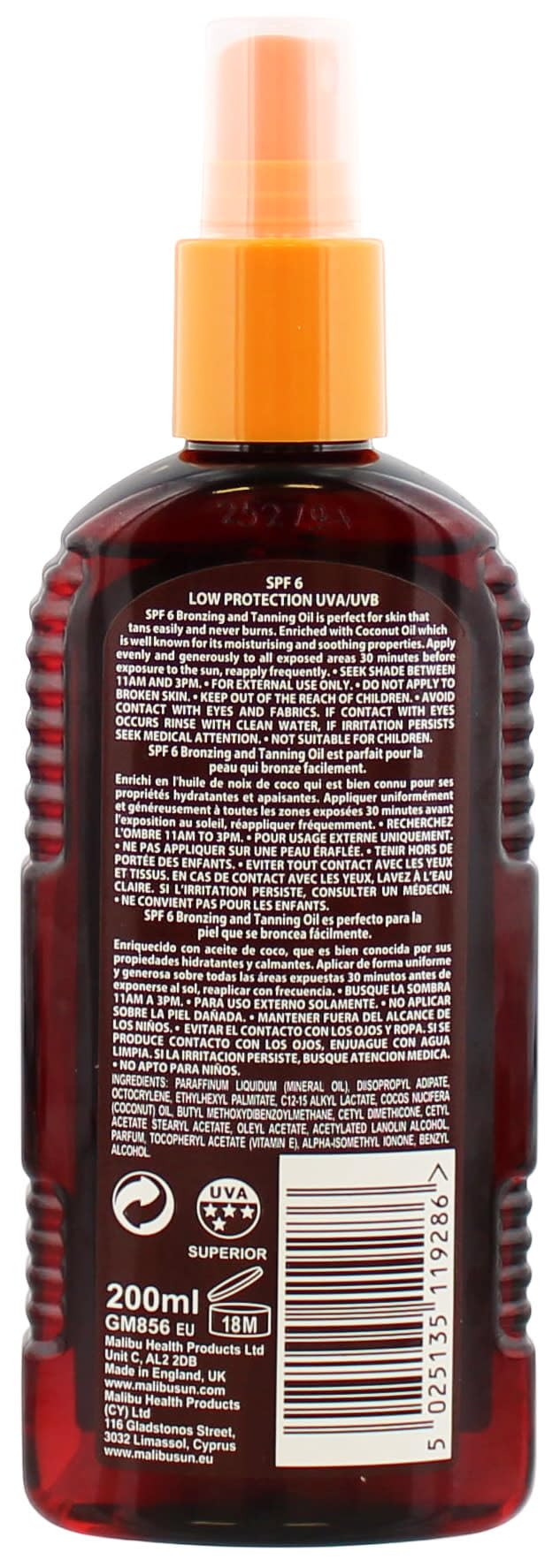 Malibu Sun Bräunungsöl LSF 8, wasserabweisend, Kokosduft, 200 ml – Ansicht 2