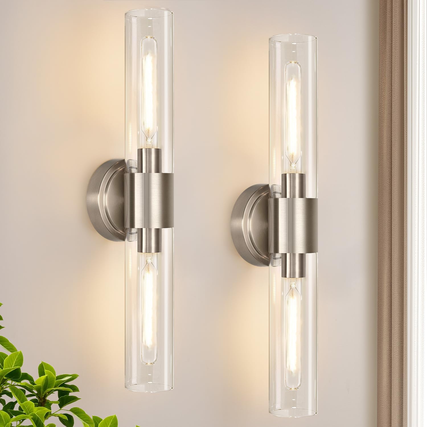 Photo 1 of Meybiok Wall Sconces Set of Two, Brushed Nickel Bathroom Sconces Wall Lighting with Clear Glass, Hardwired Modern Sconces Wall Decor Set of 2 for Bathroom Mirror Bedroom Living Room Hallway