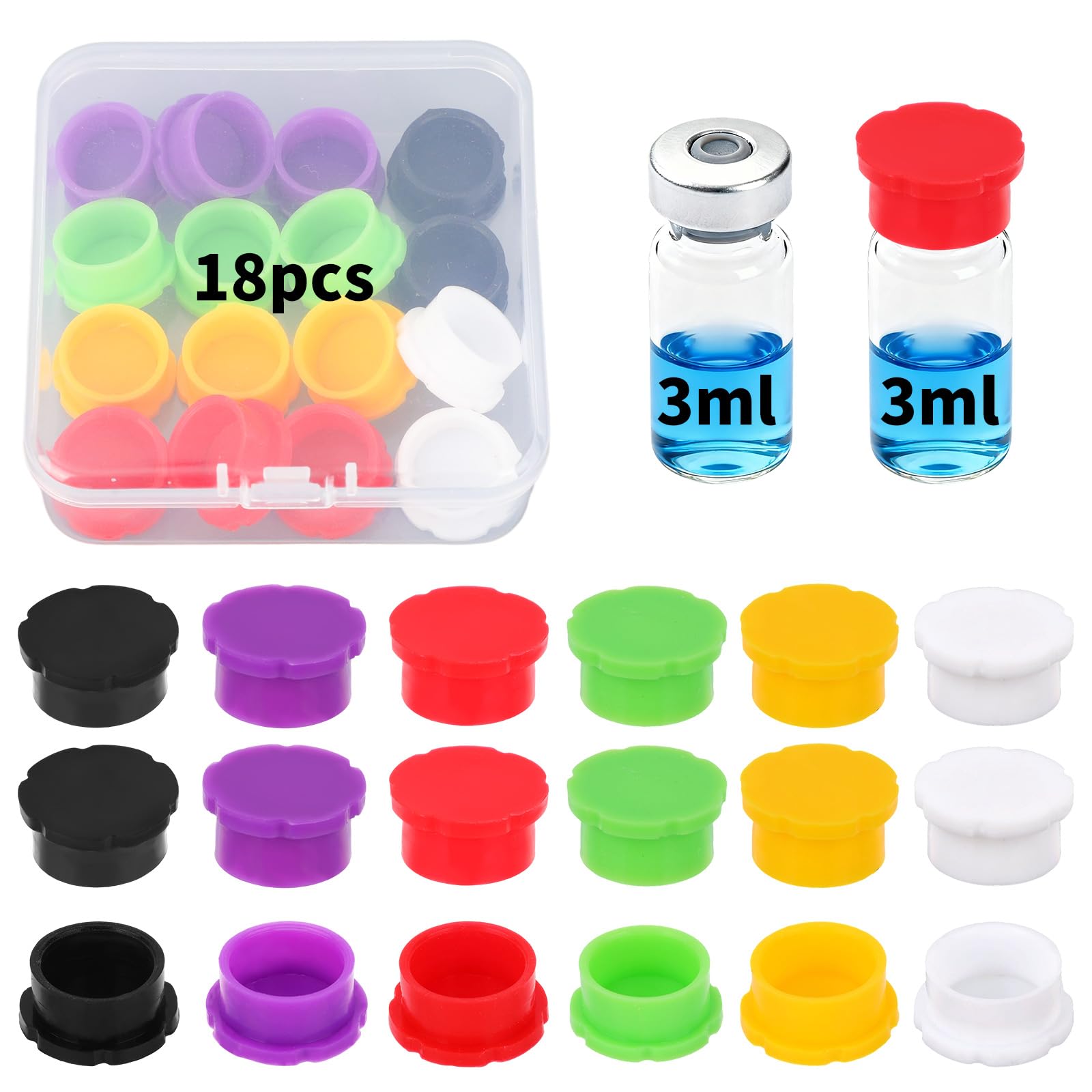 18 Pezzi 3ml Tappi Protettivi per Fiale in Vetro, 6 Colori Silicone Anti-Perdite Antipolvere Riutilizzabili Tappi per Fiale for la Conservazione di Oli Essenziali e l'uso in Laboratorio