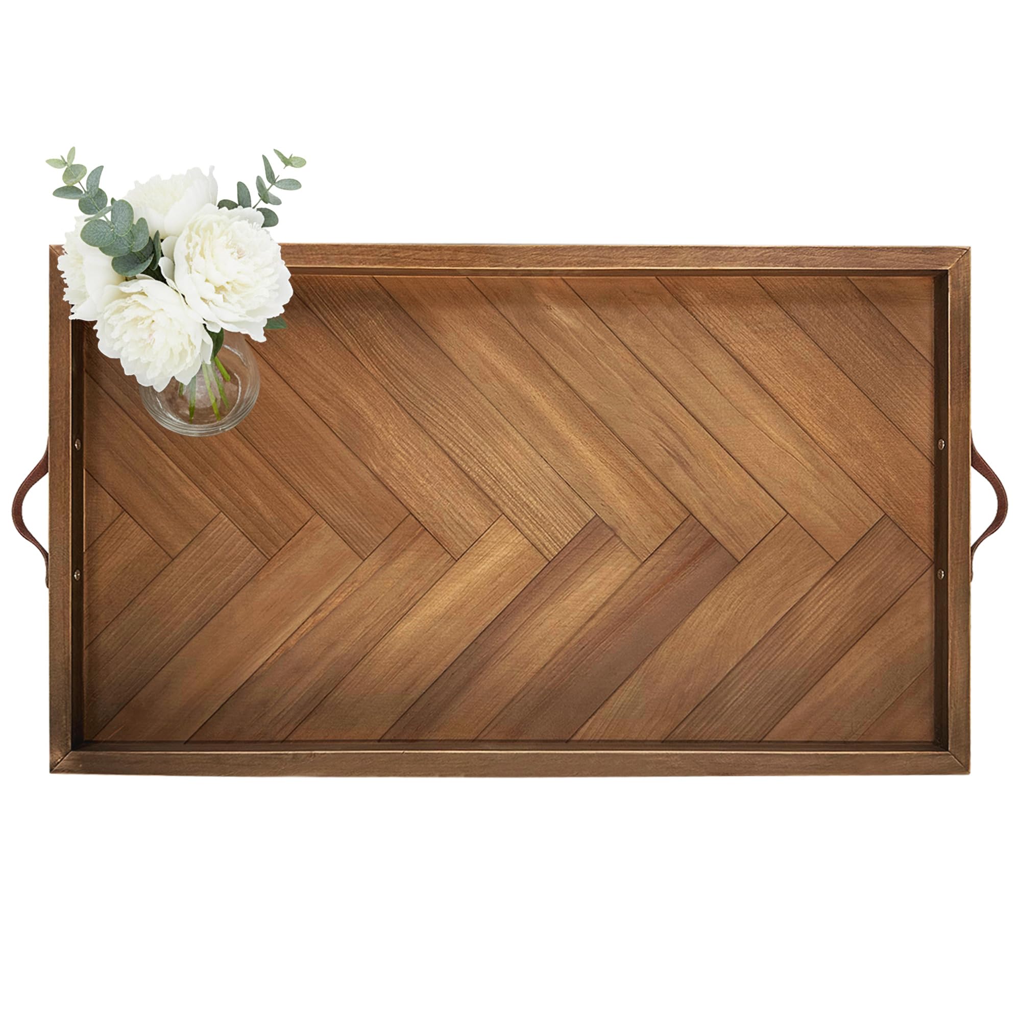 extra large ottoman tray rectangle, 32"x18" wooden ottoman trays with leather handles, rustic decorative storage tray for ottoman