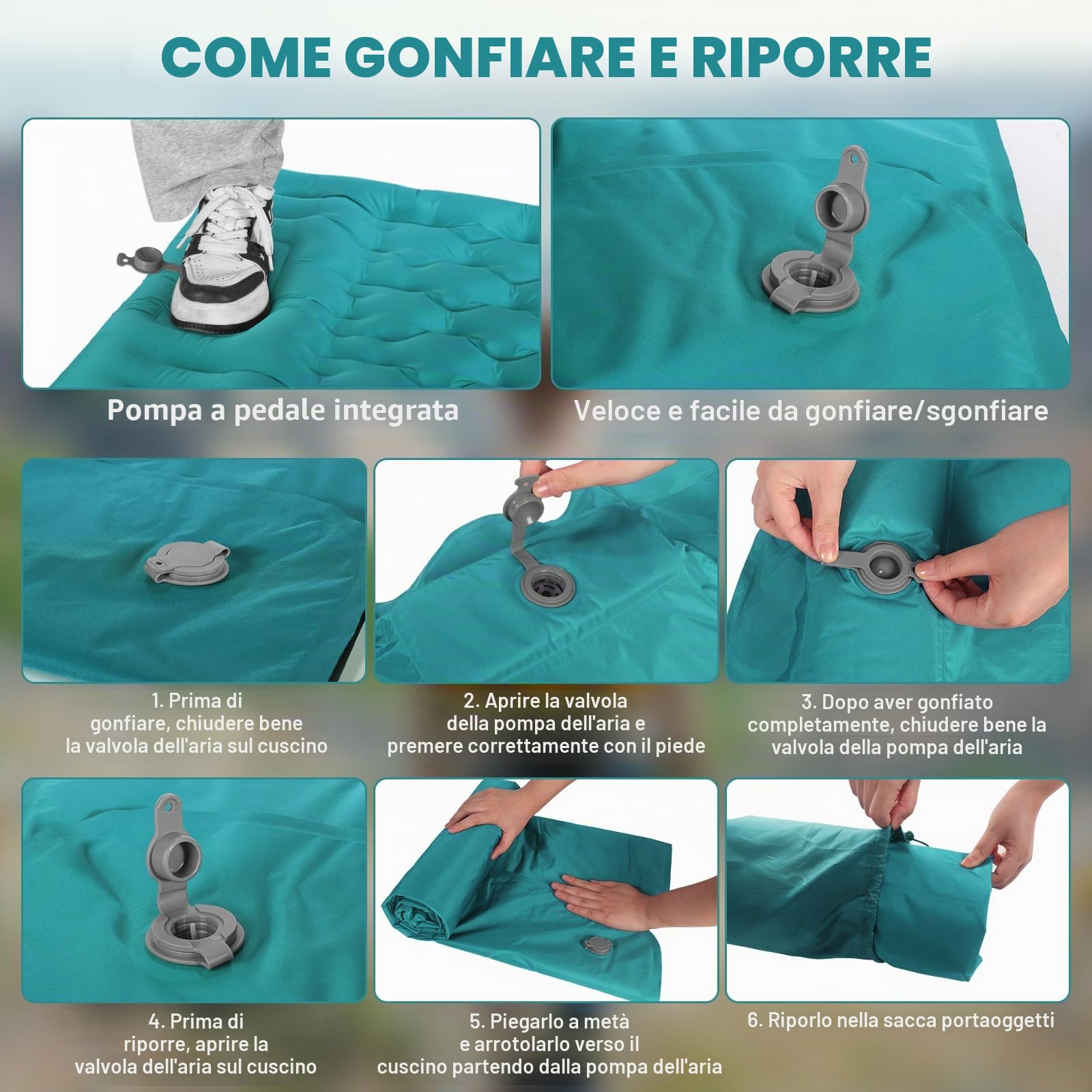 SHANNA Materassino Da Campeggio Autogonfiante: Extra Spesso 12 Cm Ultraleggero Materasso Gonfiabile Leggero E Compatto Con Pompa Integrata, Ottimale Per Campeggio, Escursioni (Blu Pavone)