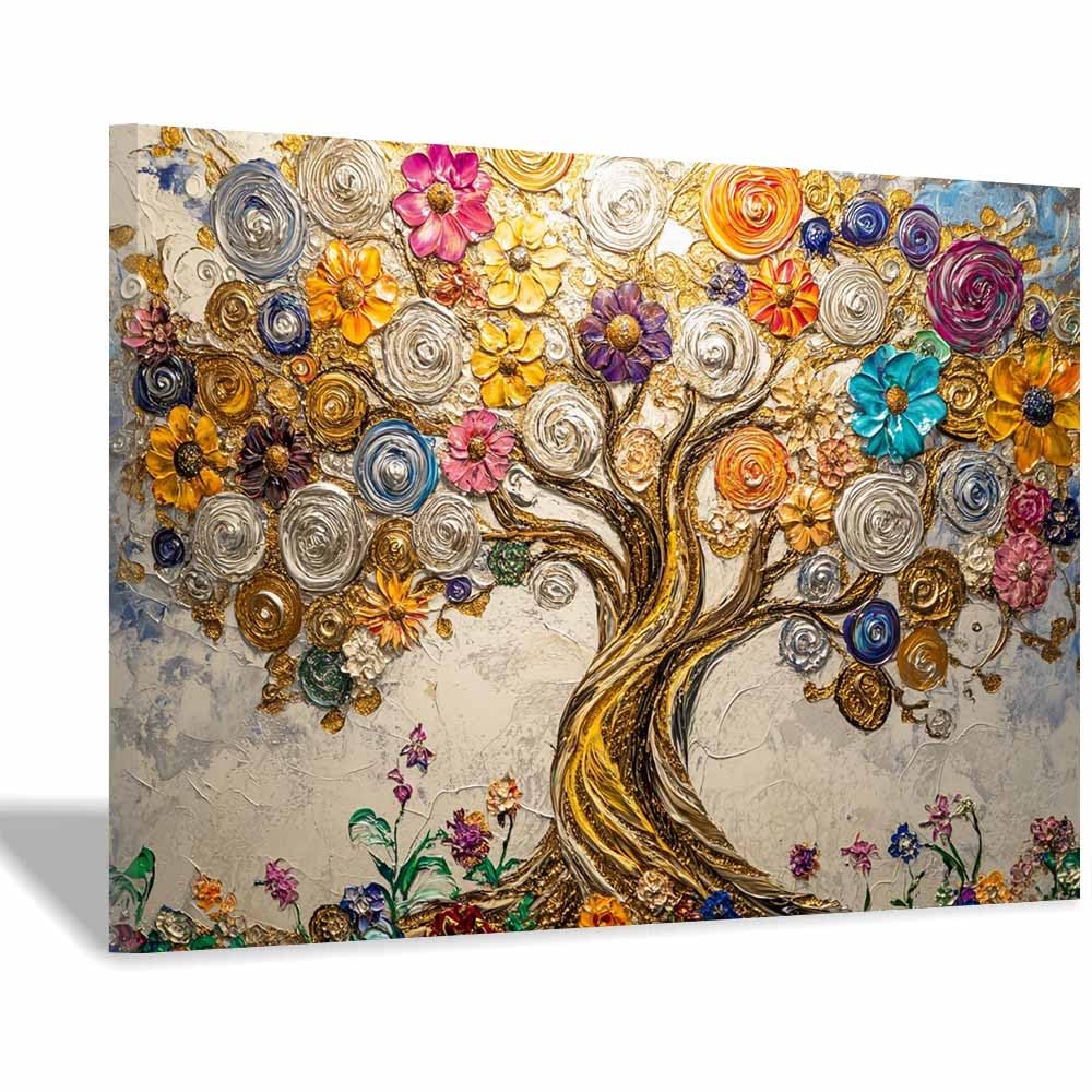 ZAMAEIU The tree of life Flower-Cluster Tree Canvas Paintings Abstract Tree,Wall Art Poster Modern Room Bedroom Home Decor Geometric Print Patterns(multicolored)-70x100cm Framed