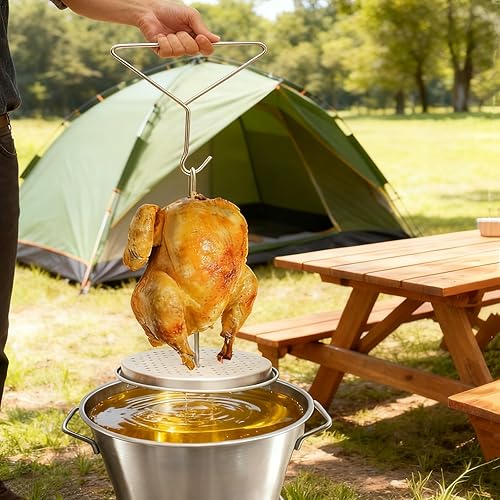 Miniatura 5 de Kit de accesorios para freidora de pavo perforado, pollo, aves de corral, con mango de alambre, gancho elevador, base vertical para asador