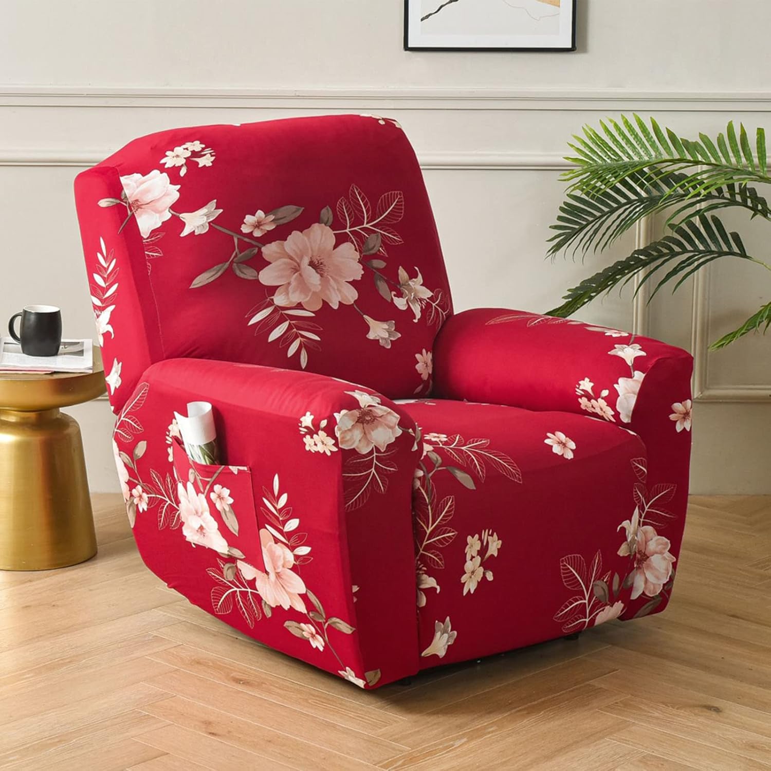 Stretch Recliner Chair Covers with Pockets, 4 Pieces Print Recliner Chair Slipcovers Non Slip Spandex Armchair Reclining Furniture Protector Sofa Cover for Living Room (F)